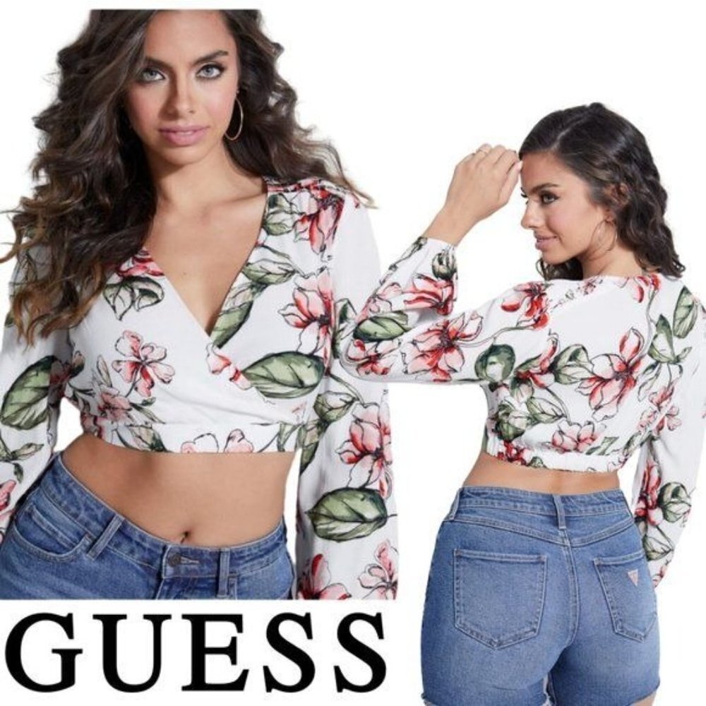 Guess Long Sleeve Floral Crop‎ Top - Large